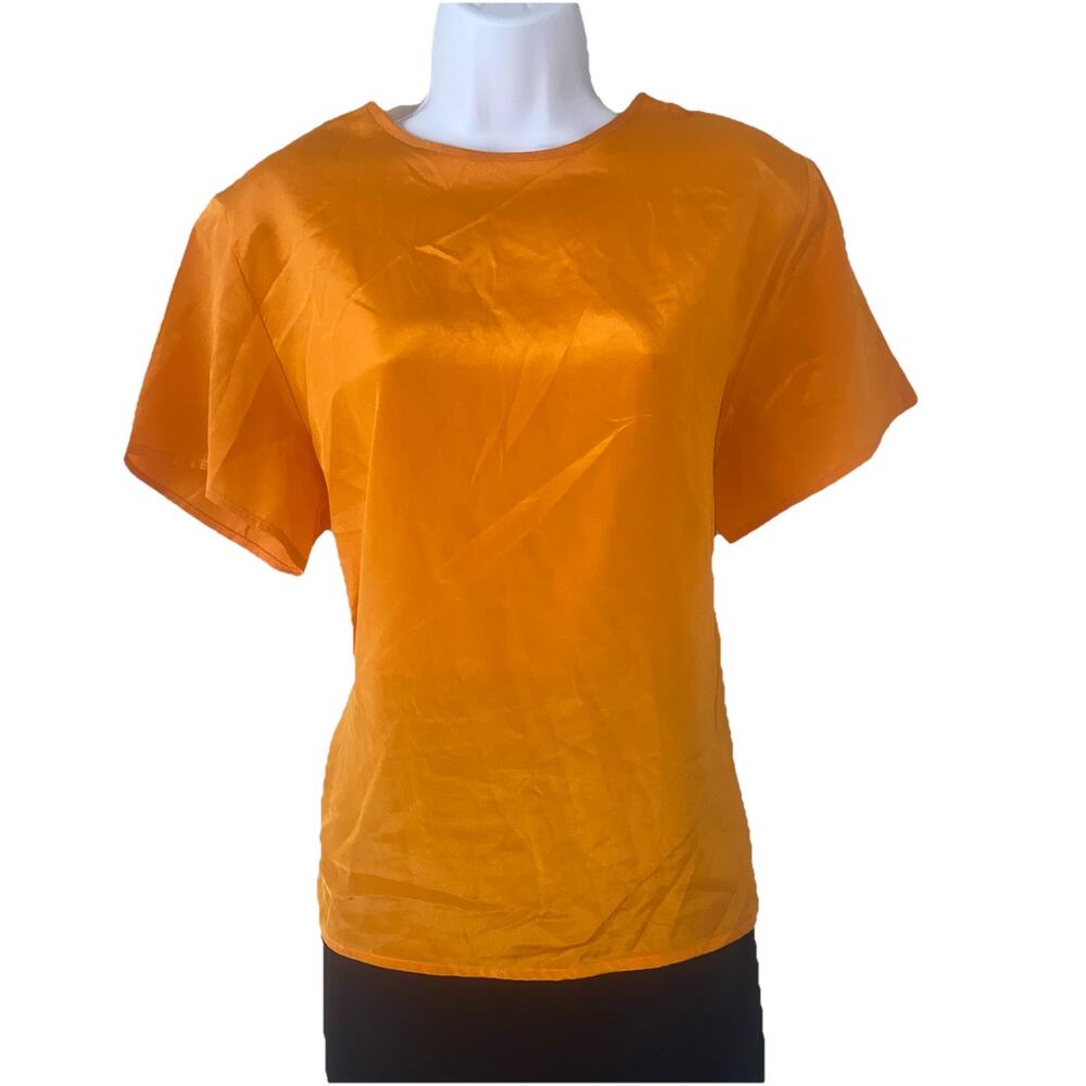 Vintage Hana Sung Womens Orange Large Short Sleeve Blouse Top Soft & Silky Like